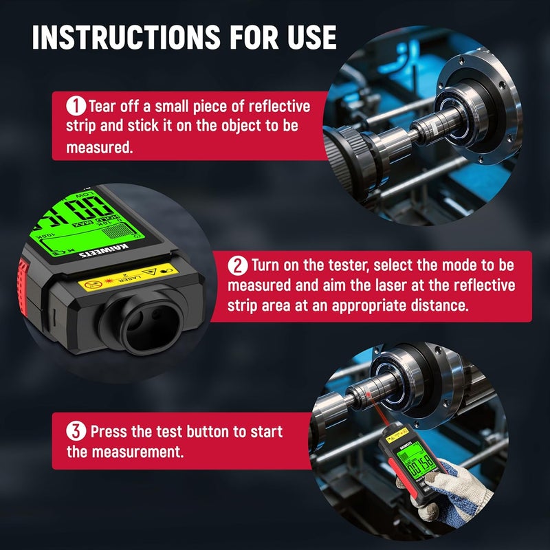 KAIWEETS Non Contact RPM Tachometer with Reflection Tape, 10-99999 RPM High Accuracy Laser Digital Tachometer with Large LCD, RPM Meter with Backlight, Data Hold, and Max/Min/AVG Function - Image 4
